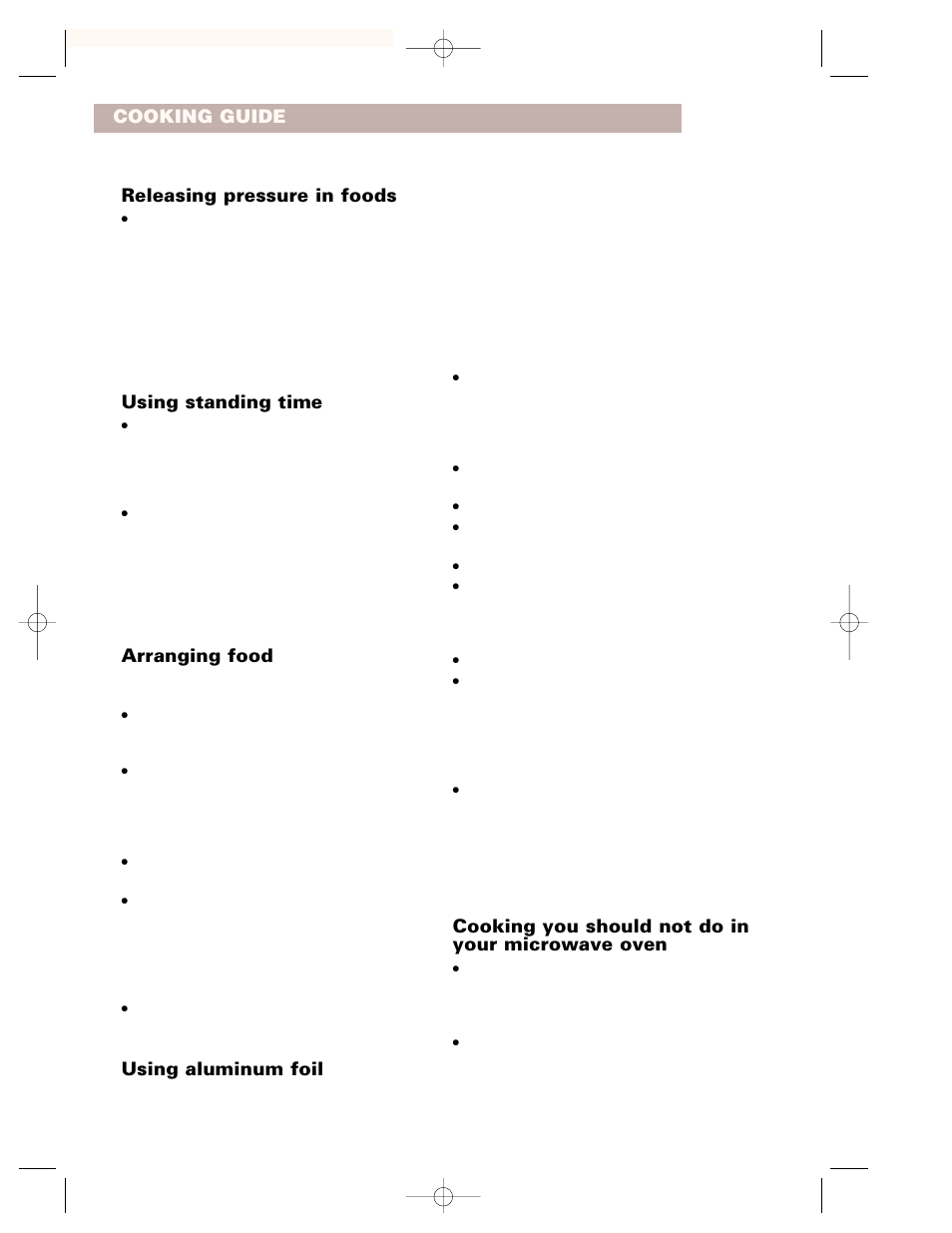 Cooking you should not do in your microwave oven, Cooking guide releasing pressure in foods, Using standing time | Arranging food, Using aluminum foil | Whirlpool CMT102SG User Manual | Page 26 / 64