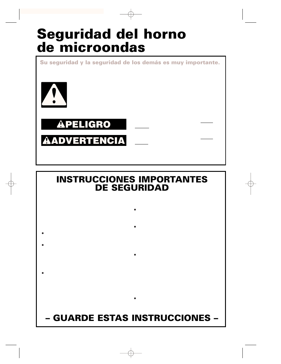 Seguridad del horno, Seguridad del horno de microondas, Peligro advertencia | Instrucciones importantes de seguridad, Guarde estas instrucciones | Whirlpool CMT102SG User Manual | Page 35 / 64