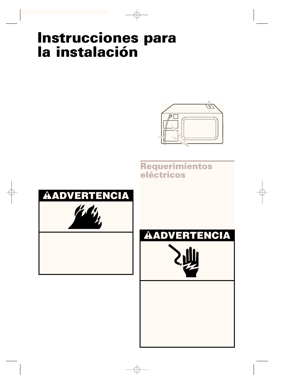 Instrucciones para, Instrucciones para la instalación, Wadvertencia | Requerimientos eléctricos | Whirlpool CMT102SG User Manual | Page 38 / 64