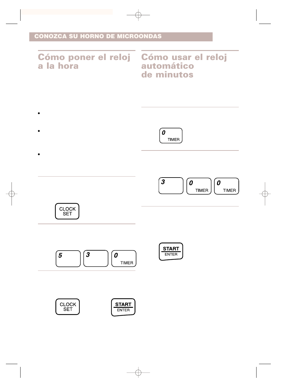 Cómo poner el reloj a la hora, Cómo usar el reloj automático de minutos | Whirlpool CMT102SG User Manual | Page 46 / 64
