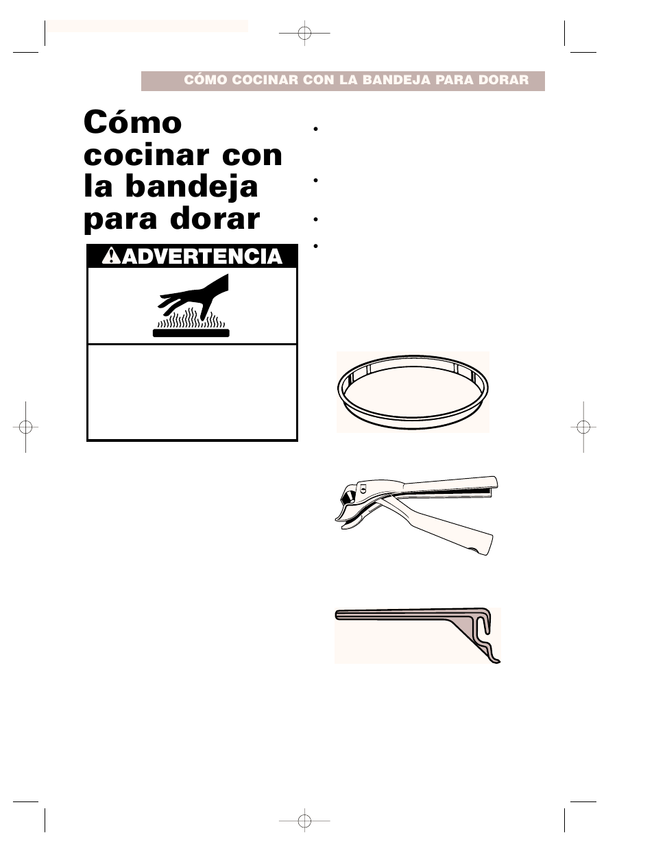 Como cocinar con la bandeja para dorar, Cómo cocinar con la bandeja para dorar, Wadvertencia | Whirlpool CMT102SG User Manual | Page 55 / 64