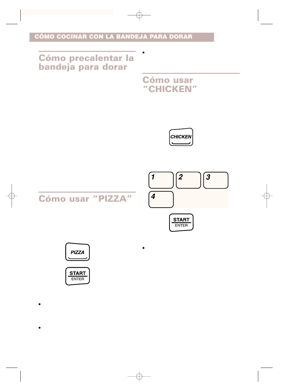 Cómo usar “chicken, Cómo precalentar la bandeja para dorar, Cómo usar “pizza | Whirlpool CMT102SG User Manual | Page 56 / 64