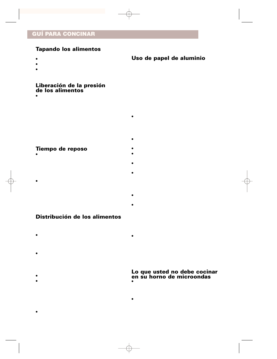 Tapando los alimentos, Liberación de la presión de los alimentos, Tiempo de reposo | Distribución de los alimentos, Guí para concinar, Uso de papel de aluminio | Whirlpool CMT102SG User Manual | Page 60 / 64