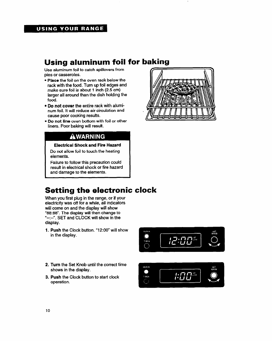 Using aluminum foil for baking, Setting the electronic clock, Warning | Whirlpool FEP330Y User Manual | Page 10 / 28