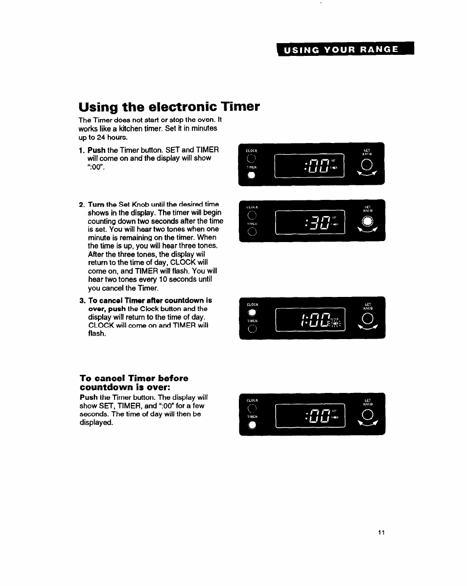 Using the electronic timer, To cancel timer before countdown is over | Whirlpool FEP330Y User Manual | Page 11 / 28