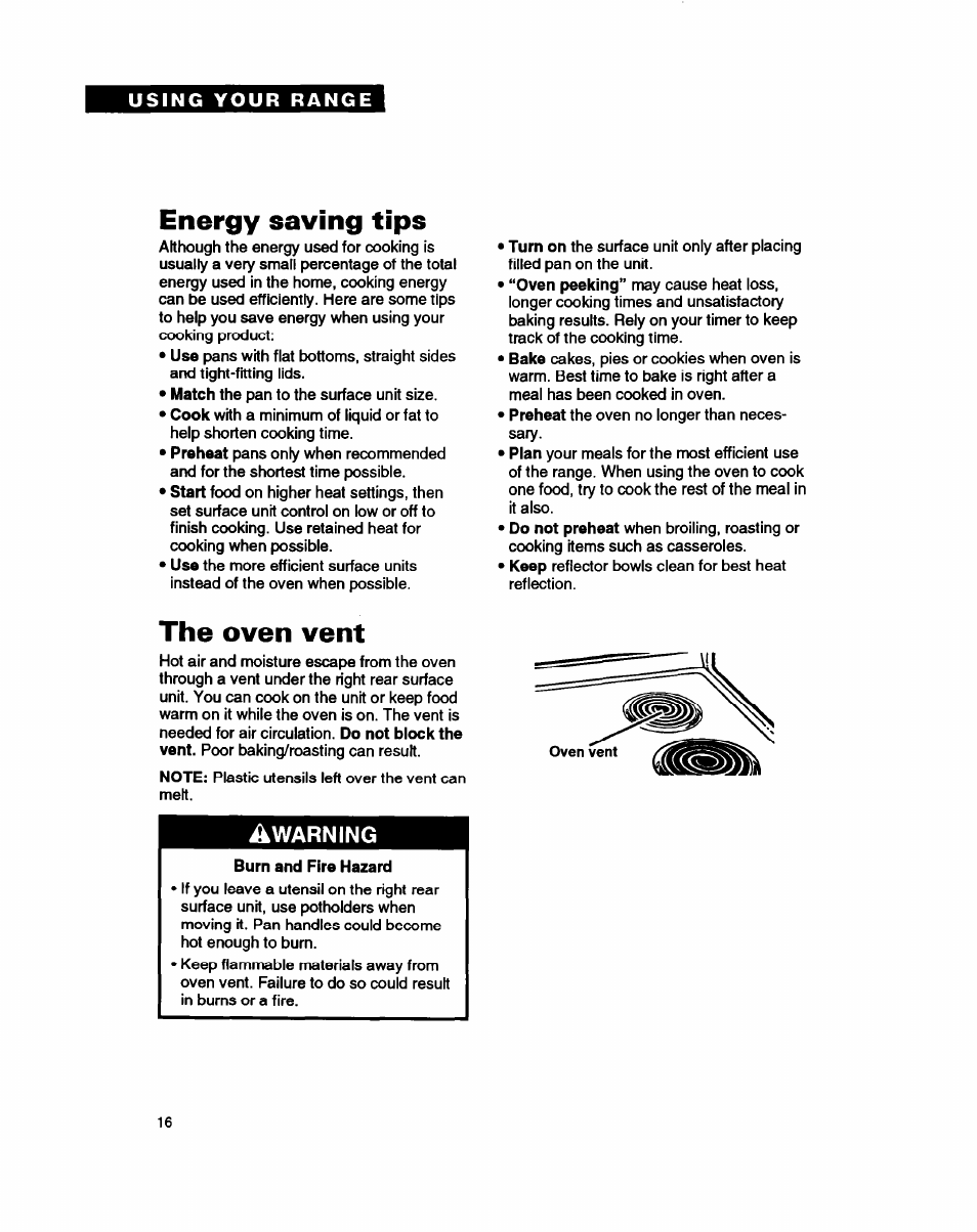 Energy saving tips, The oven vent, Warning | Whirlpool FEP330Y User Manual | Page 16 / 28