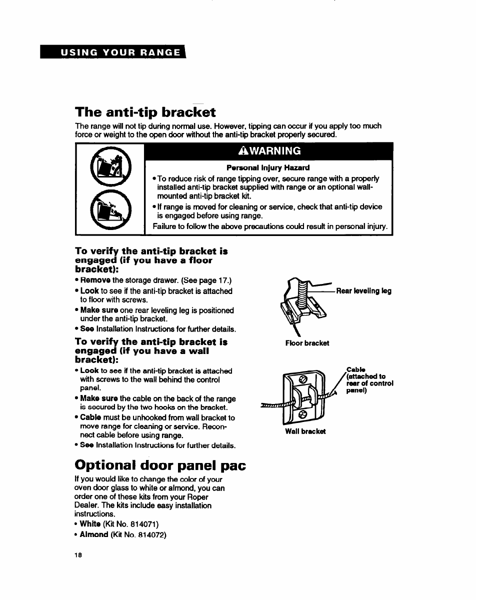 The anti-tip bracket, Optional door panel рас | Whirlpool FEP330Y User Manual | Page 18 / 28