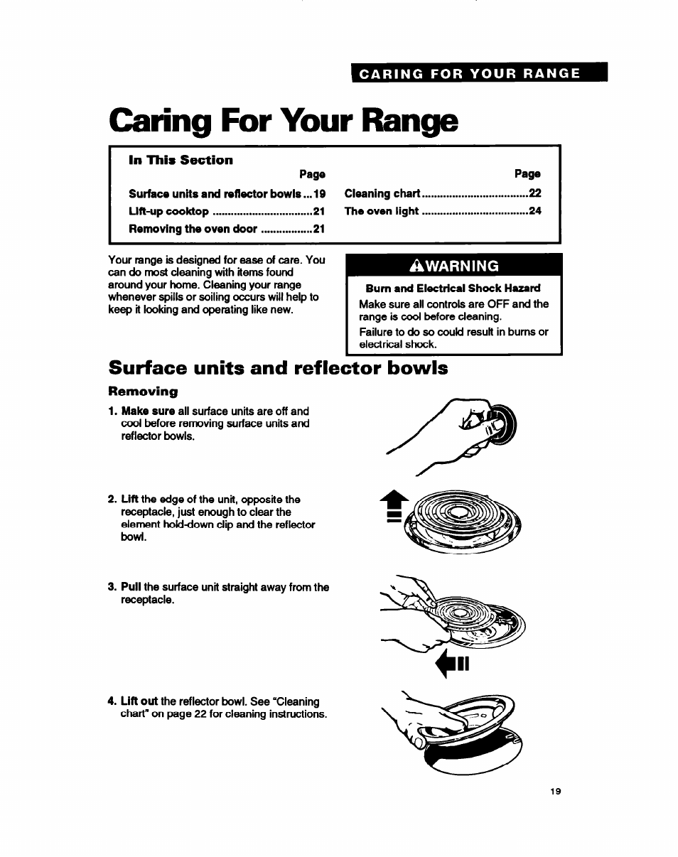 Caring for your range, Surface units and reflector bowls, Removing | Whirlpool FEP330Y User Manual | Page 19 / 28