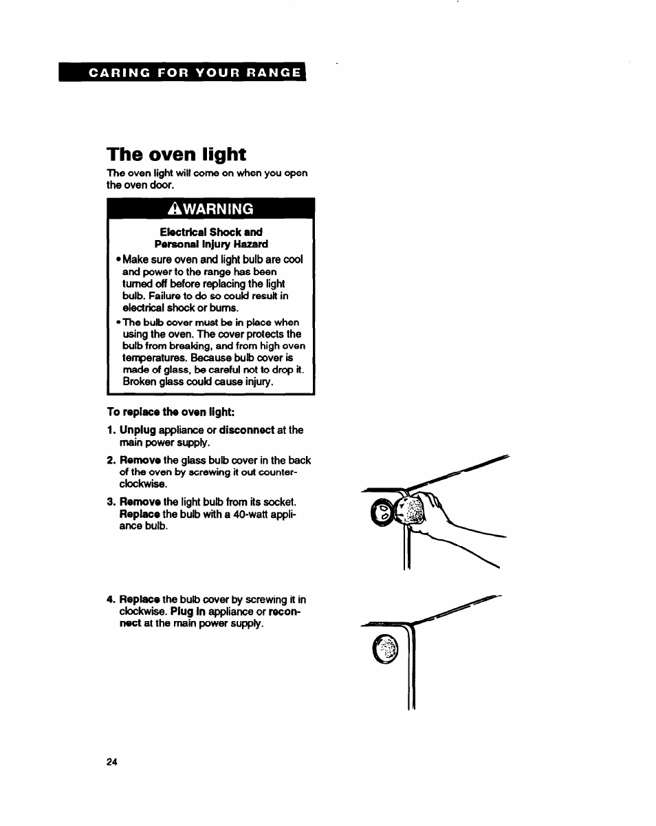 The oven light, Warning | Whirlpool FEP330Y User Manual | Page 24 / 28