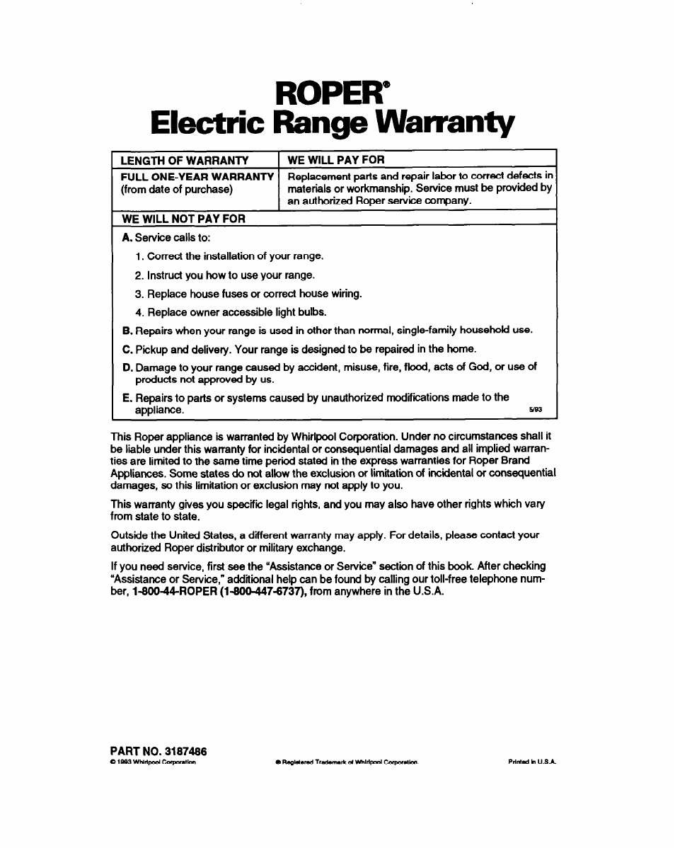 Roper, Electric №nge warranty, Roper electric №nge warranty | Whirlpool FEP330Y User Manual | Page 28 / 28