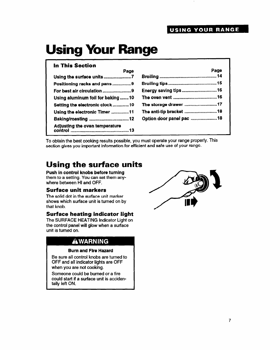 Using ysur range, Using the surface units, Surface unit markers | Surface heating indicator light | Whirlpool FEP330Y User Manual | Page 7 / 28