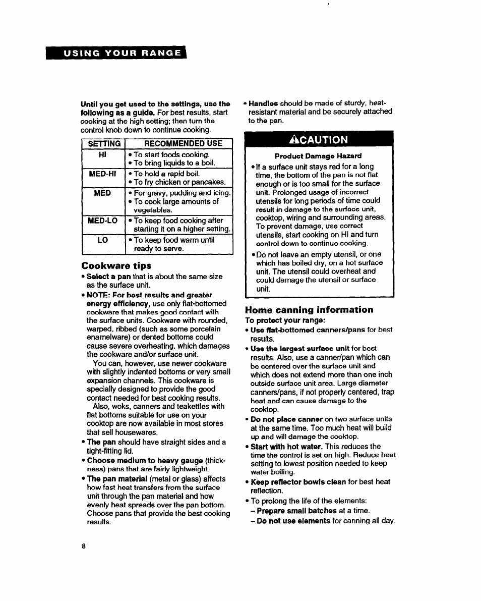 Cookware tips, Home canning information, Caution | Whirlpool FEP330Y User Manual | Page 8 / 28