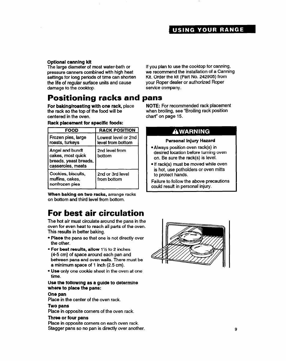 Positioning racks and pans, For best air circulation, Warning | Whirlpool FEP330Y User Manual | Page 9 / 28