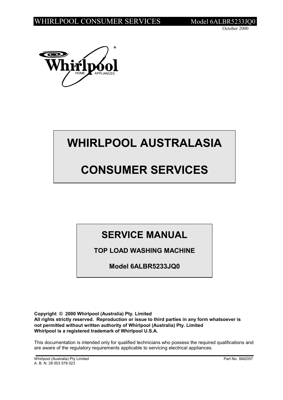 Whirlpool 6ALBR5233JQ0 User Manual | 23 pages