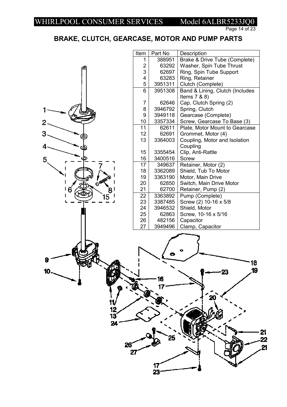 Brake, clutch, gearcase, motor and pump parts | Whirlpool 6ALBR5233JQ0 User Manual | Page 14 / 23