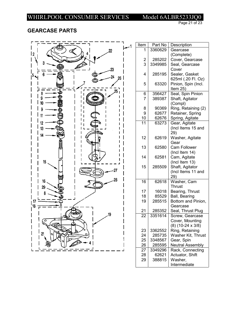 Gearcase parts | Whirlpool 6ALBR5233JQ0 User Manual | Page 21 / 23