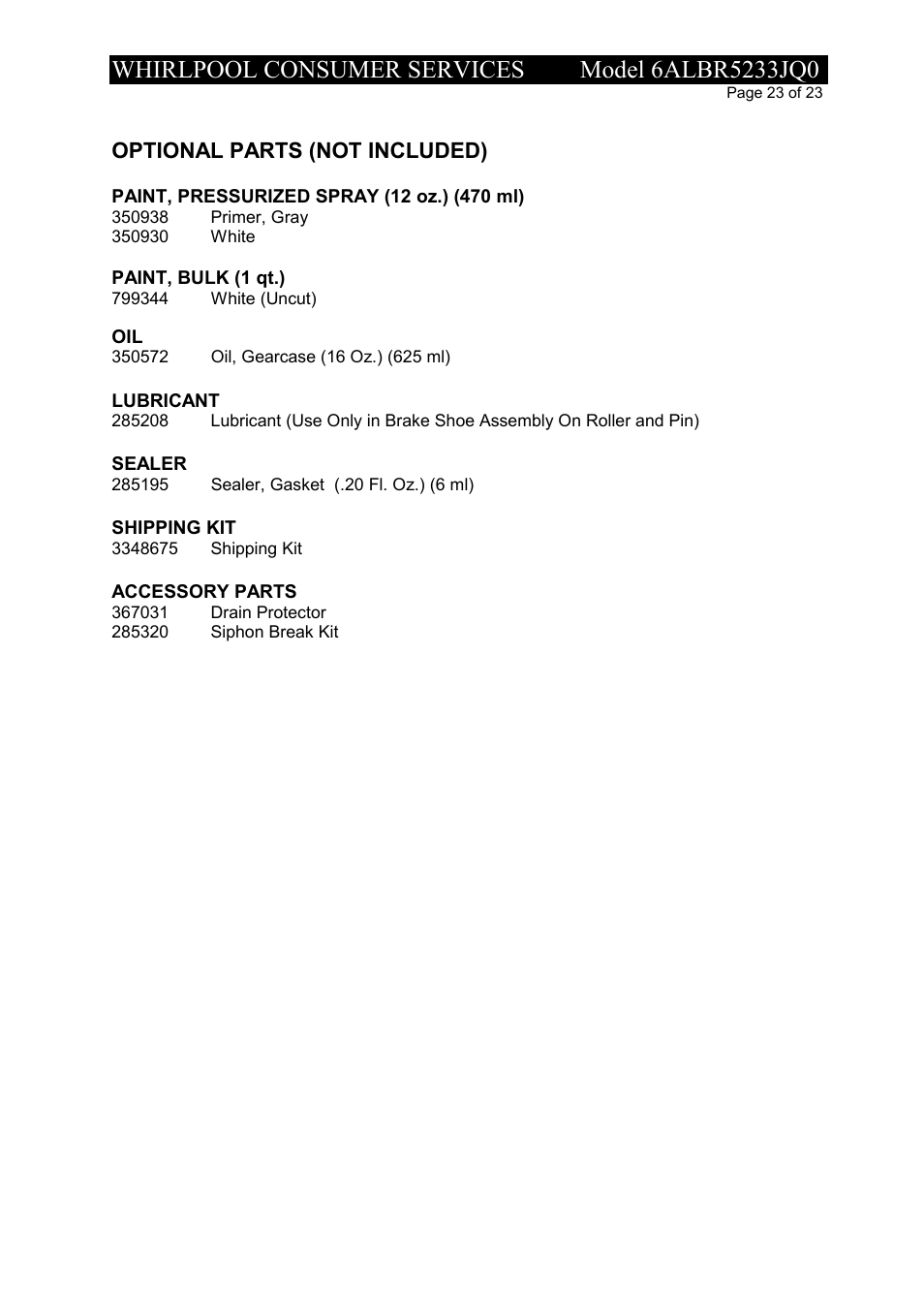 Optional parts (not included) | Whirlpool 6ALBR5233JQ0 User Manual | Page 23 / 23