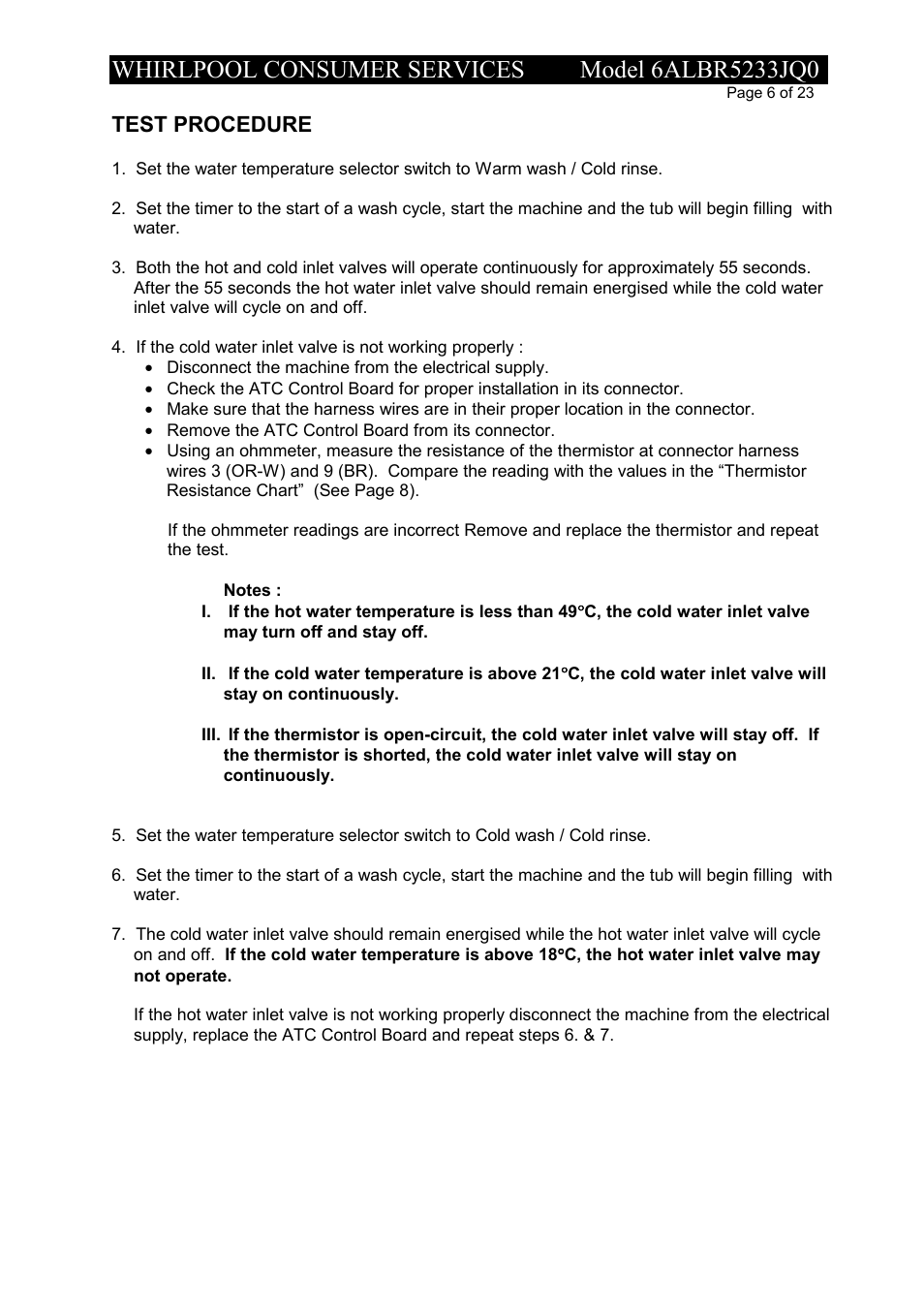 Test procedure | Whirlpool 6ALBR5233JQ0 User Manual | Page 6 / 23