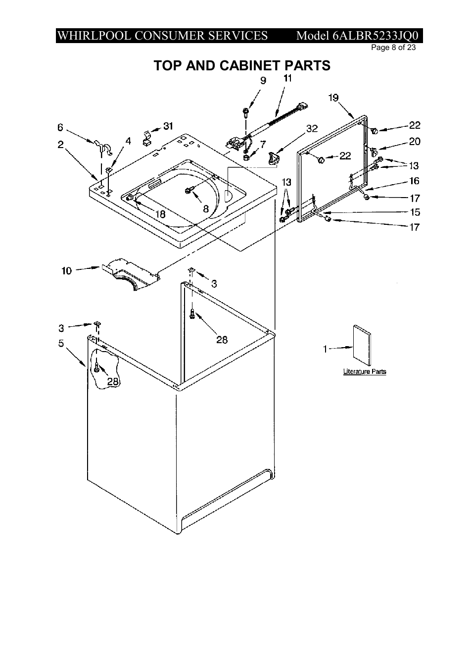Figure 6 top and cabinet parts, Top and cabinet parts | Whirlpool 6ALBR5233JQ0 User Manual | Page 8 / 23