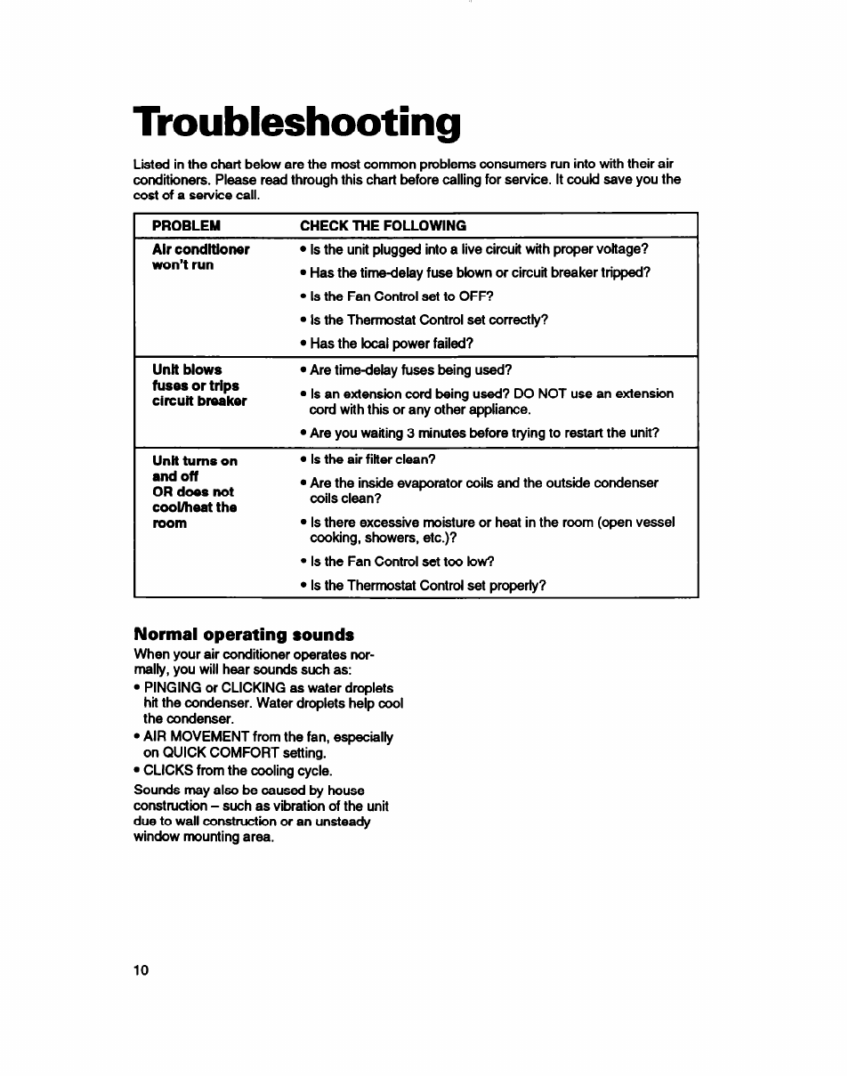 Troubleshooting, Normal operating sounds | Whirlpool ACE184XD0 User Manual | Page 10 / 13