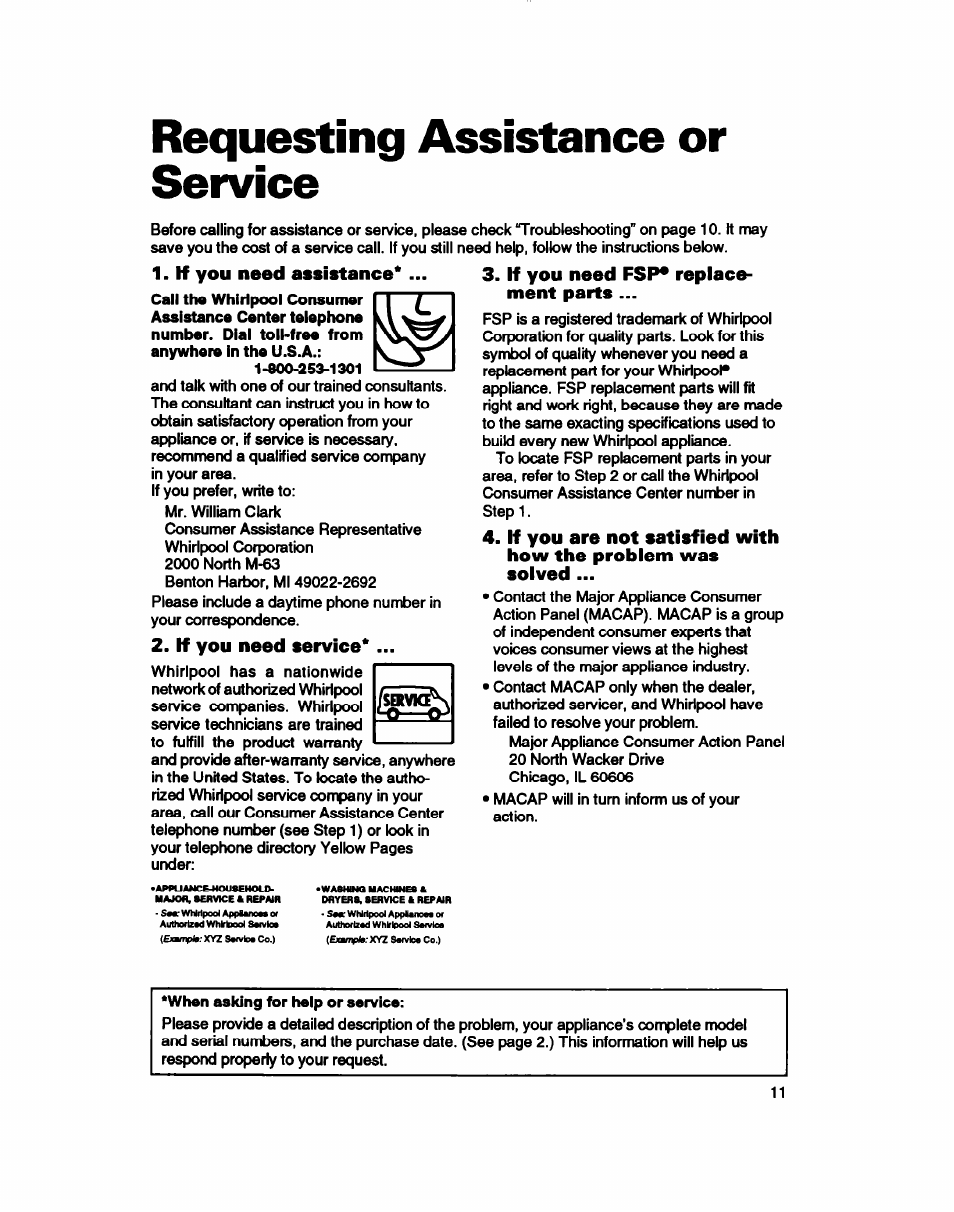 Requesting assistance or service, If you need assistance, If you need service | If you need fsp* replacement parts, Requesting assistance, Or service, If you need fsp* replace­ ment parts | Whirlpool ACE184XD0 User Manual | Page 11 / 13