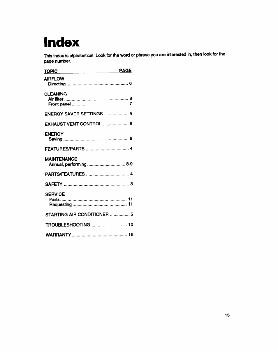 Index | Whirlpool ACE184XD0 User Manual | Page 12 / 13