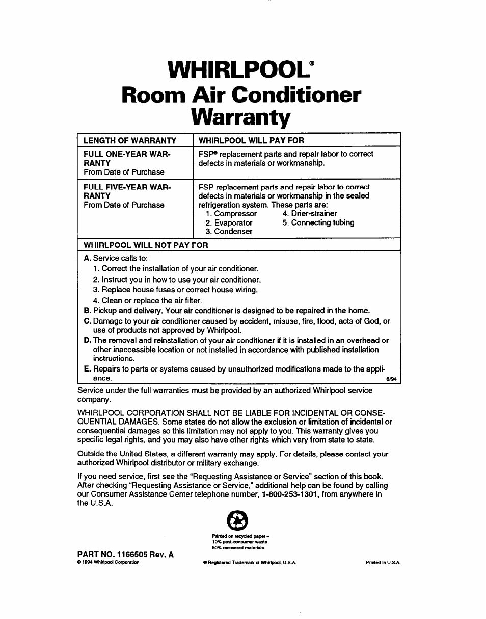 Whirlpool’ room air conditioner warranty | Whirlpool ACE184XD0 User Manual | Page 13 / 13