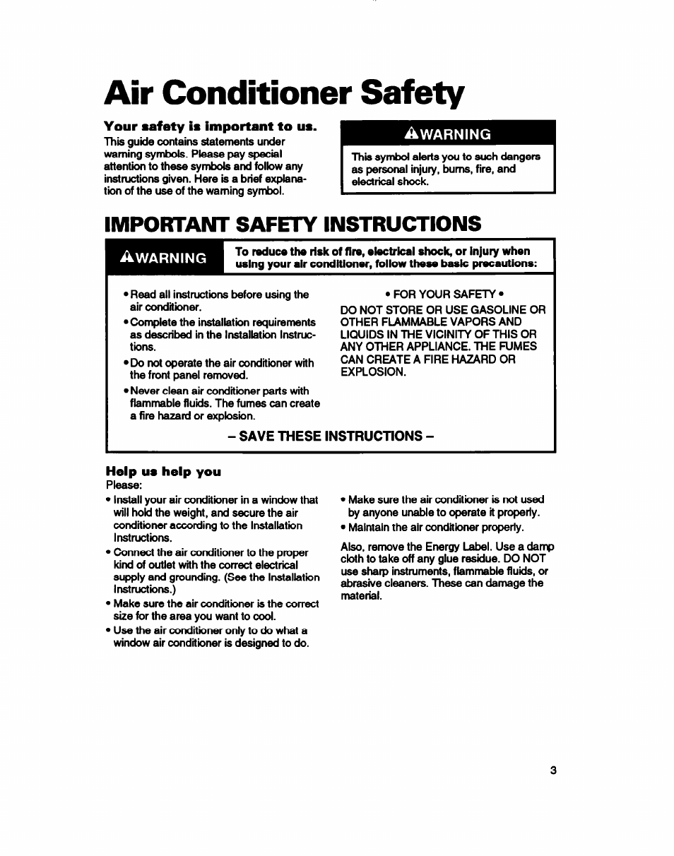 Your safety is important to us, Save these instructions, Help us help you | Air conditioner safety, Important safety instructions, Warning | Whirlpool ACE184XD0 User Manual | Page 3 / 13