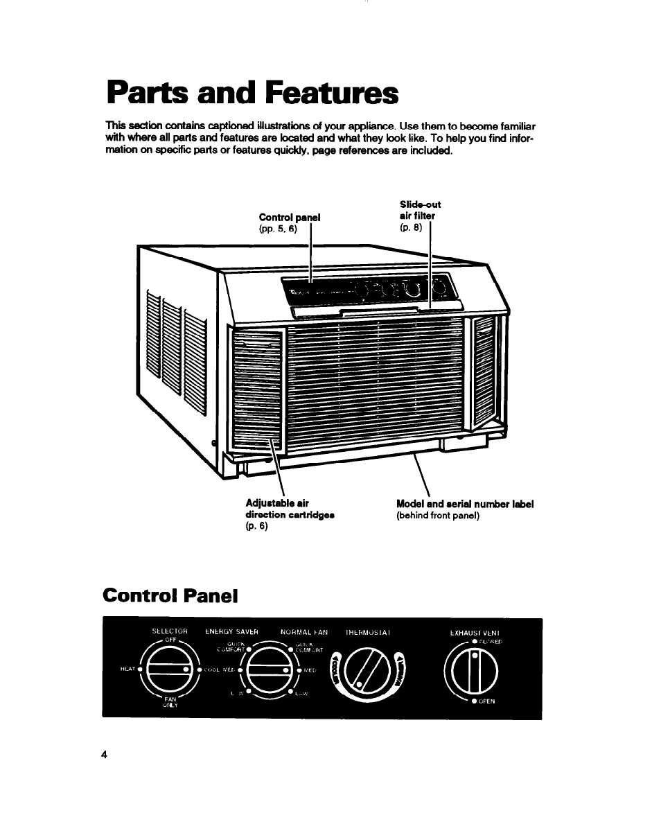 Parts and features, Control panel | Whirlpool ACE184XD0 User Manual | Page 4 / 13