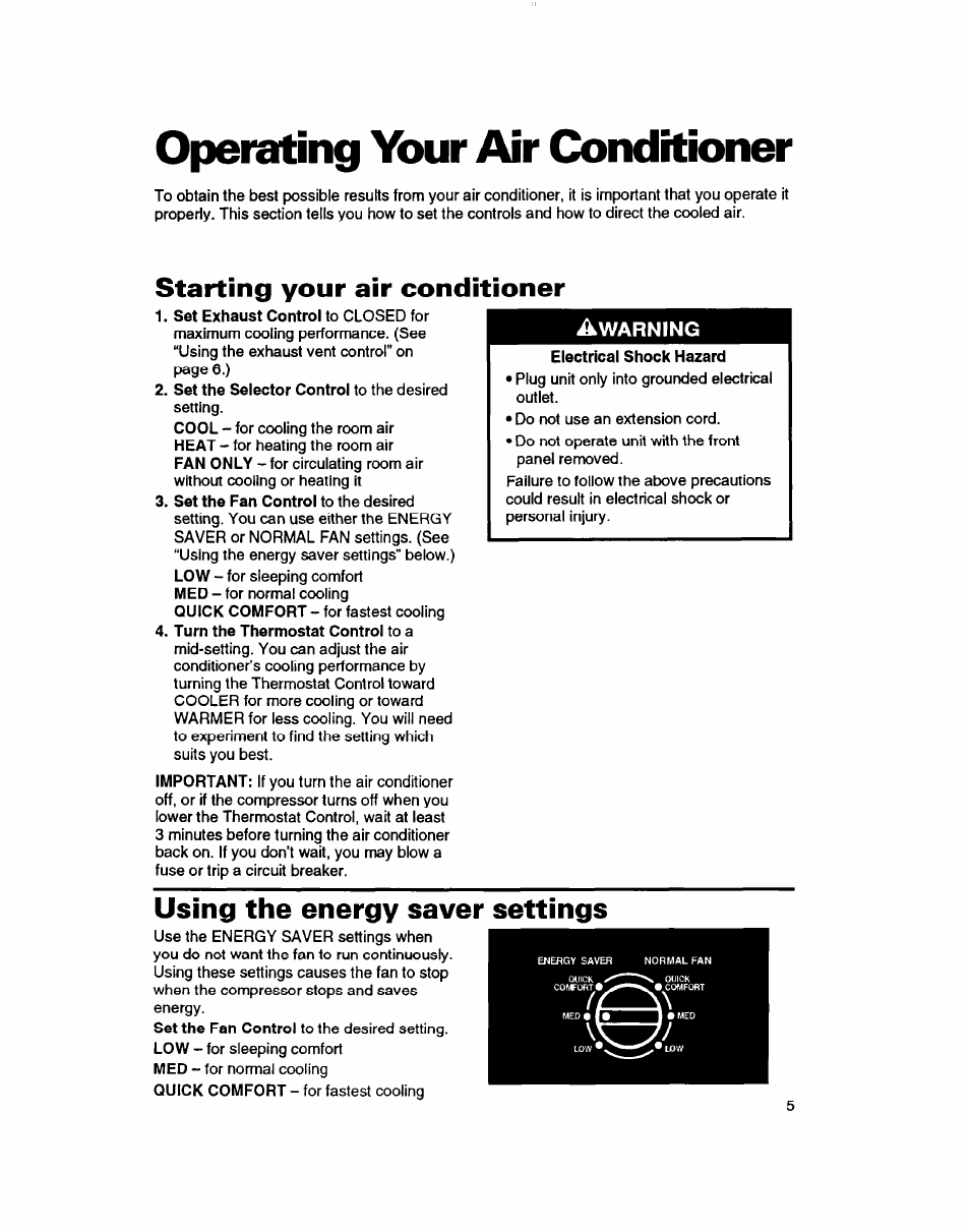 Starting your air conditioner, Using the energy saver settings, Operating your air | Conditioner, Operating your air conditioner, Warning | Whirlpool ACE184XD0 User Manual | Page 5 / 13