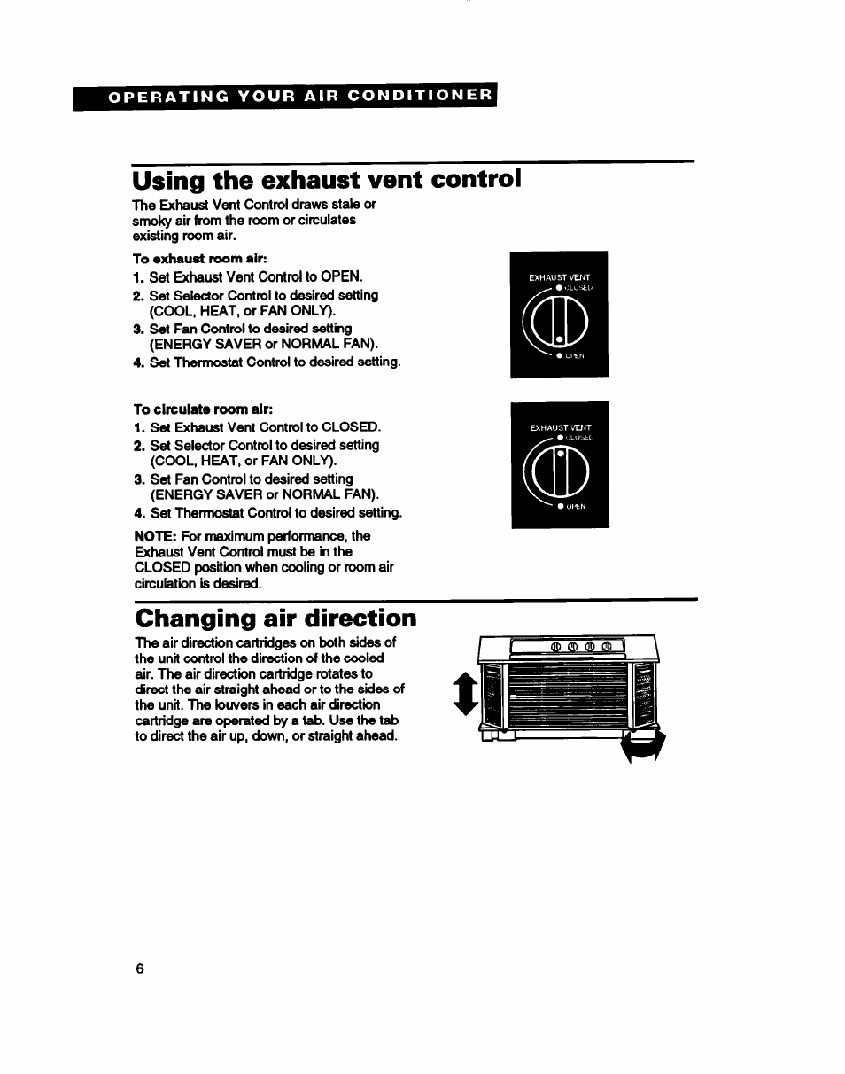 Using the exhaust vent control, Changing air direction | Whirlpool ACE184XD0 User Manual | Page 6 / 13