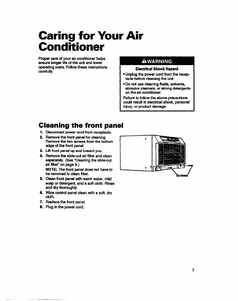 Cleaning the front panel, Caring for your air conditioner, Warning | Whirlpool ACE184XD0 User Manual | Page 7 / 13