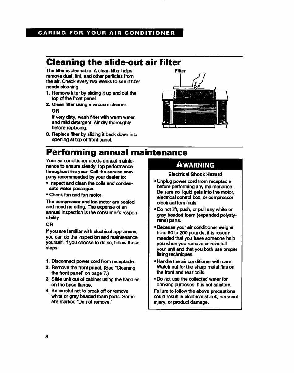 Cleaning the slide-out air filter, Performing annual maintenance, Warning | Whirlpool ACE184XD0 User Manual | Page 8 / 13