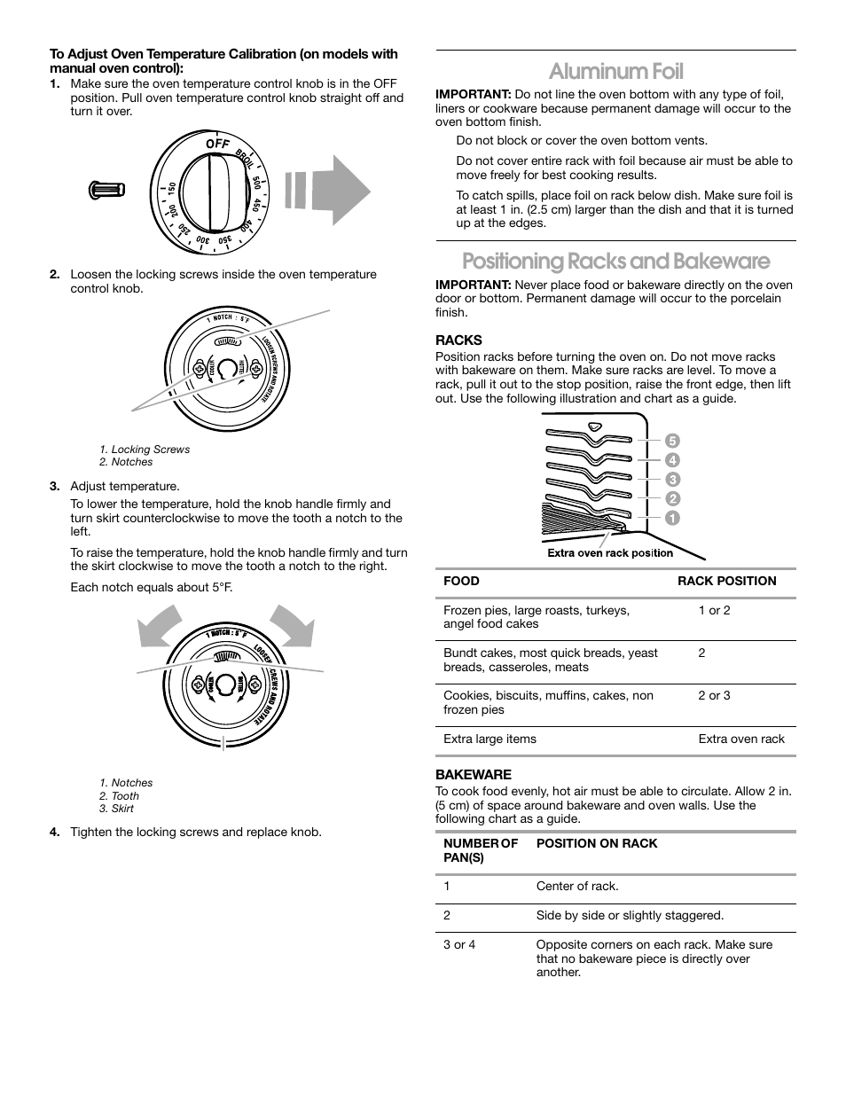 Aluminum foil, Positioning racks and bakeware | Whirlpool FGP337H User Manual | Page 10 / 16