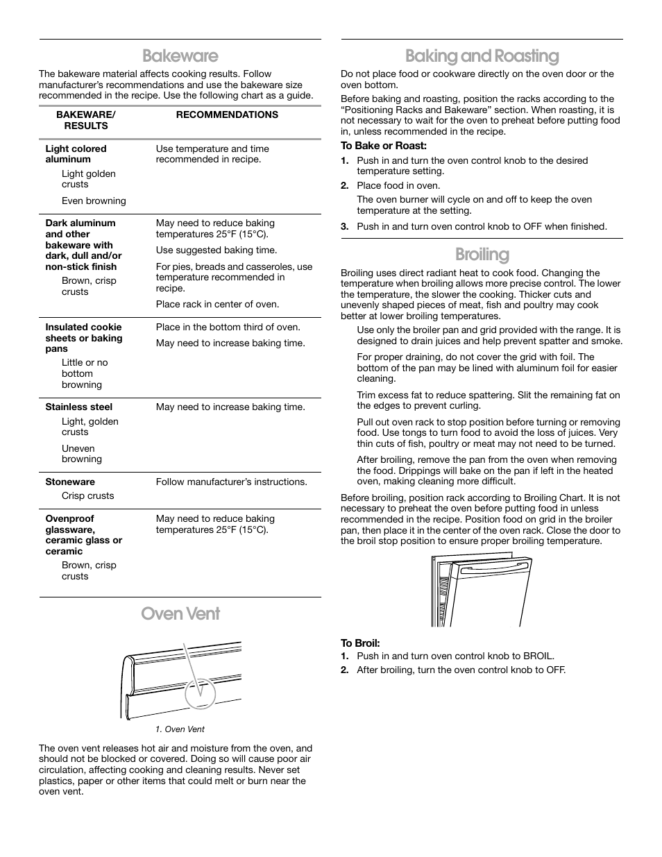 Bakeware, Oven vent, Baking and roasting | Broiling | Whirlpool FGP337H User Manual | Page 11 / 16