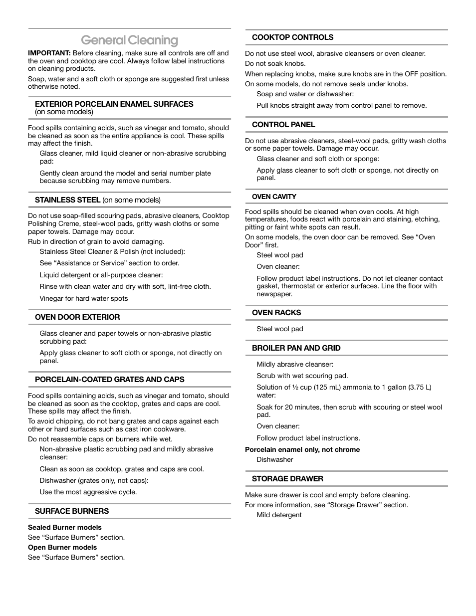 General cleaning | Whirlpool FGP337H User Manual | Page 13 / 16