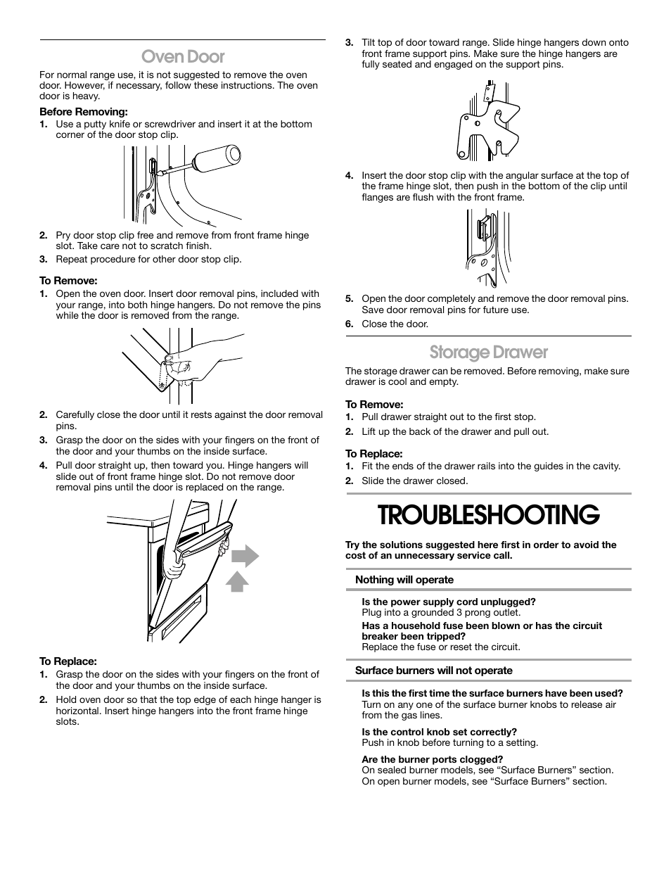 Troubleshooting, Oven door, Storage drawer | Whirlpool FGP337H User Manual | Page 14 / 16