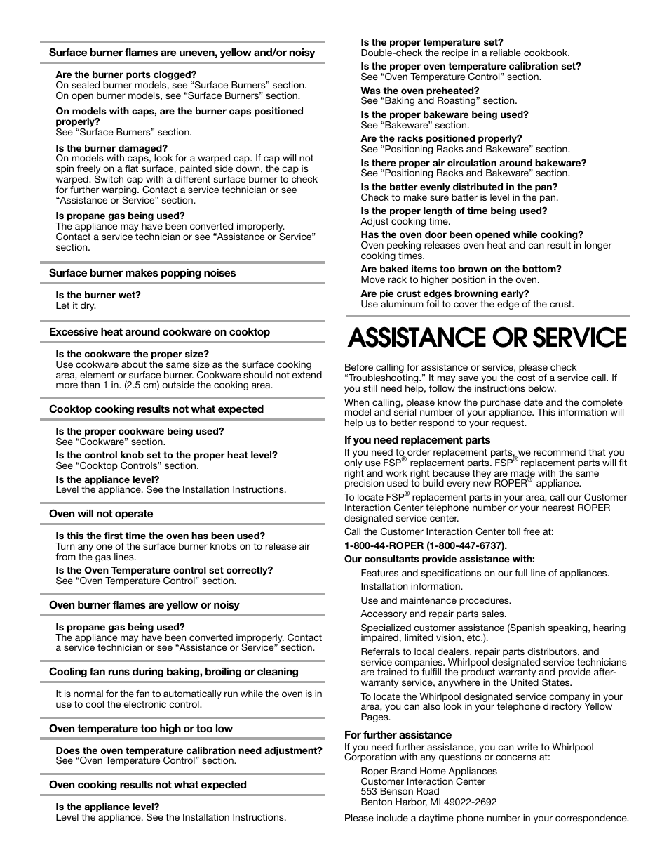 Assistance or service | Whirlpool FGP337H User Manual | Page 15 / 16