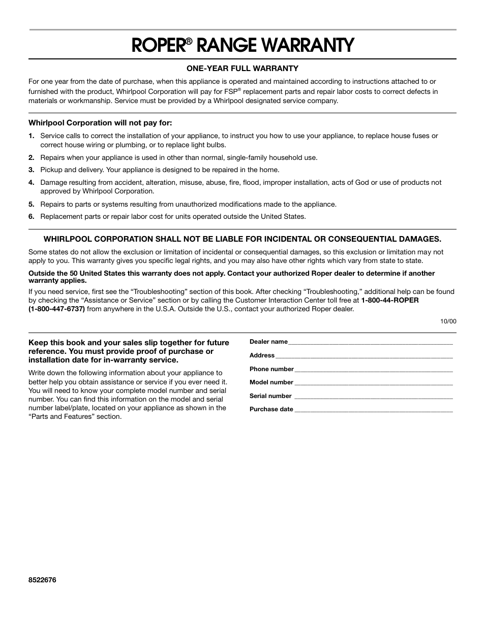 Warranty, Roper, Range warranty | Whirlpool FGP337H User Manual | Page 16 / 16
