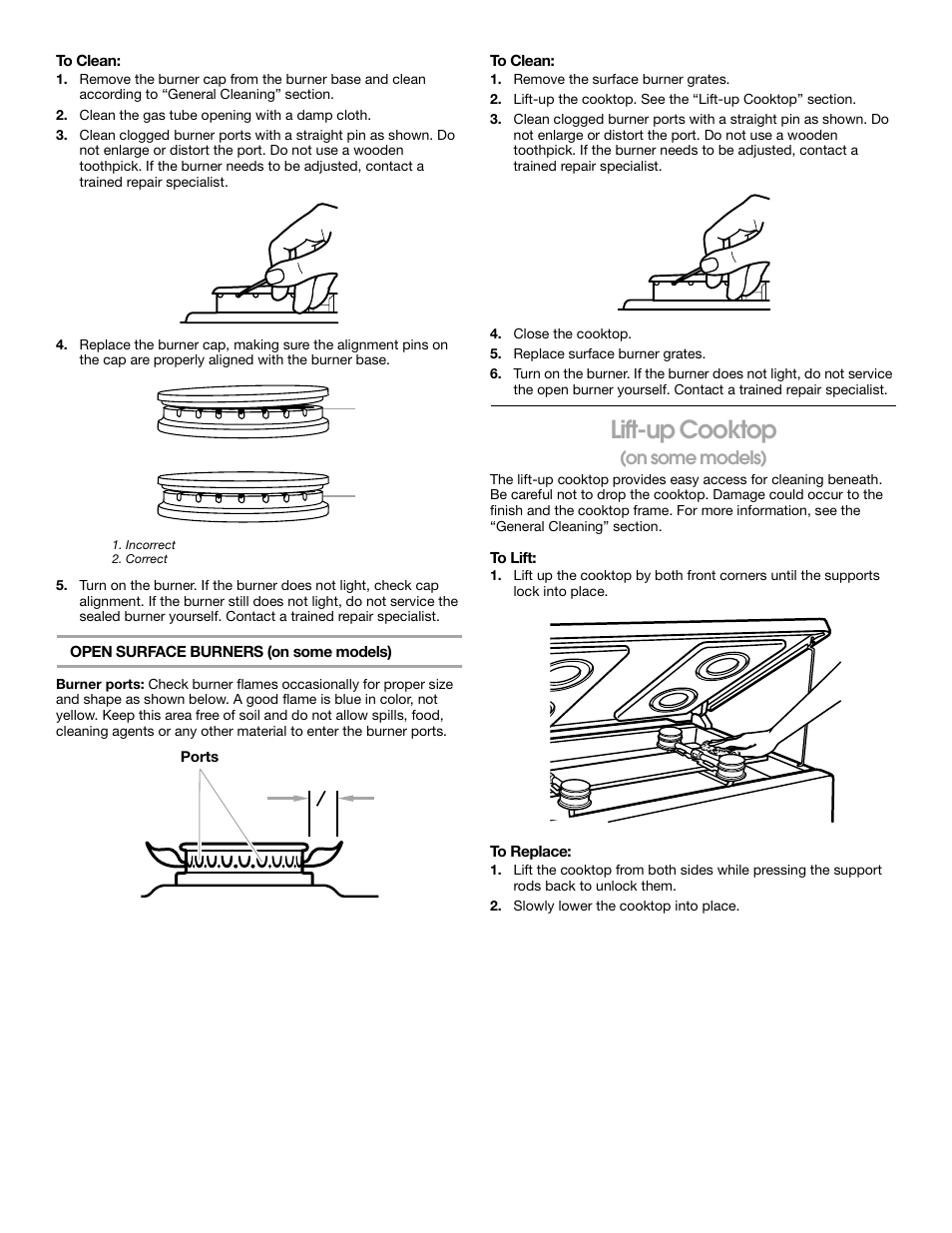 Lift-up cooktop, On some models) | Whirlpool FGP337H User Manual | Page 7 / 16