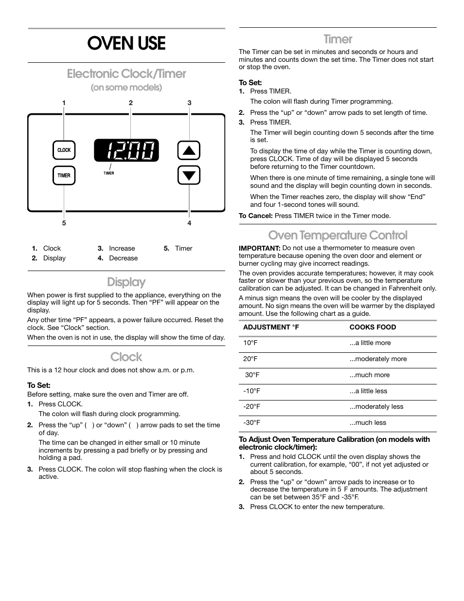 Oven use, Electronic clock/timer, Display | Clock, Timer, Oven temperature control | Whirlpool FGP337H User Manual | Page 9 / 16