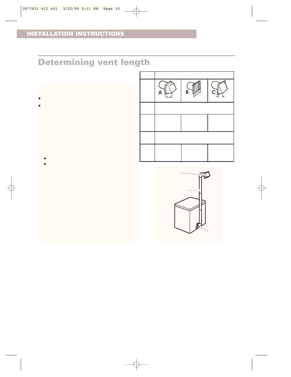 Determining vent length, Installation instructions | Whirlpool 3977631 User Manual | Page 10 / 24