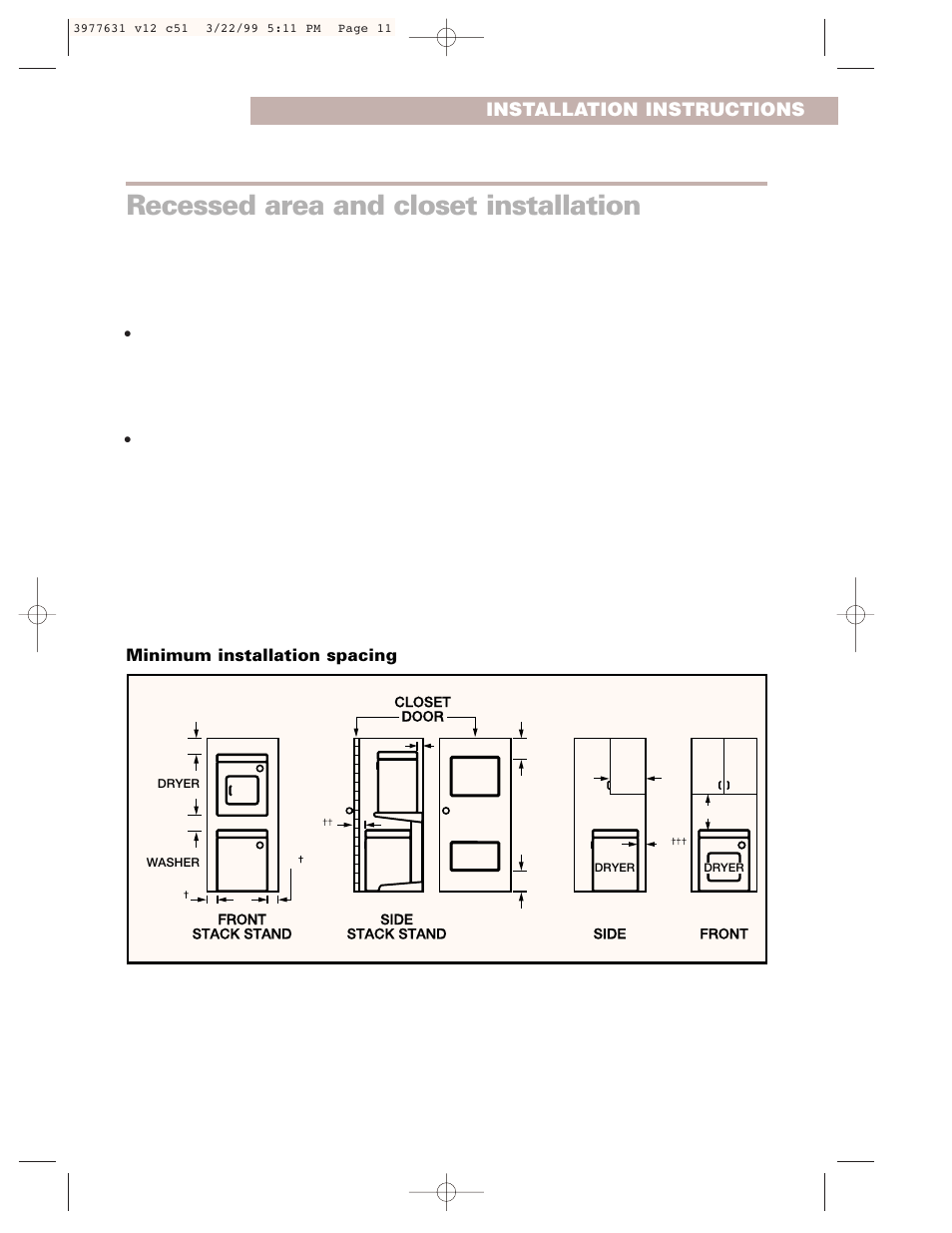 Recessed area and closet installation, Warning, Installation instructions | Minimum installation spacing | Whirlpool 3977631 User Manual | Page 11 / 24