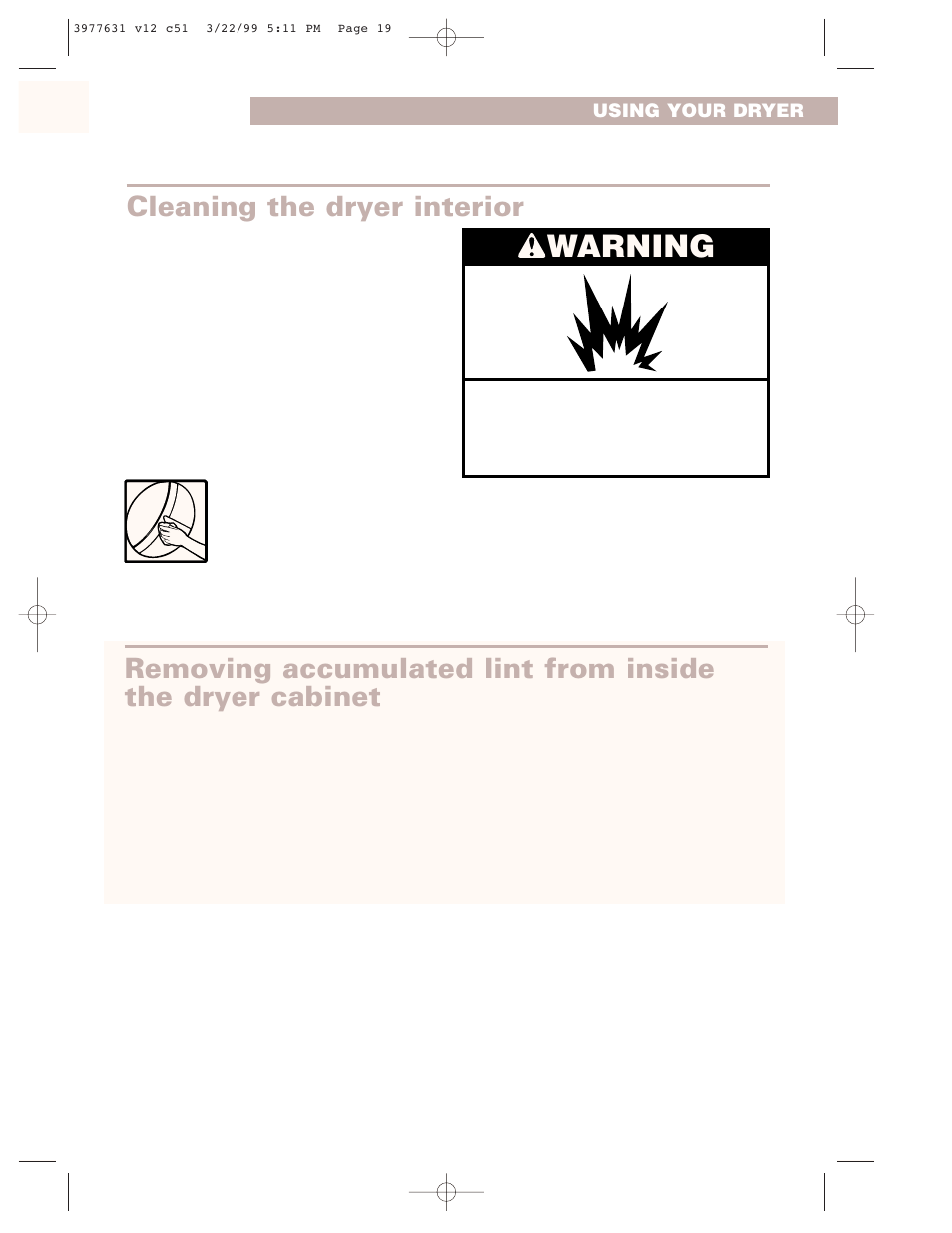 Cleaning the dryer interior, Removing accumulated lint from inside, Warning | Whirlpool 3977631 User Manual | Page 19 / 24