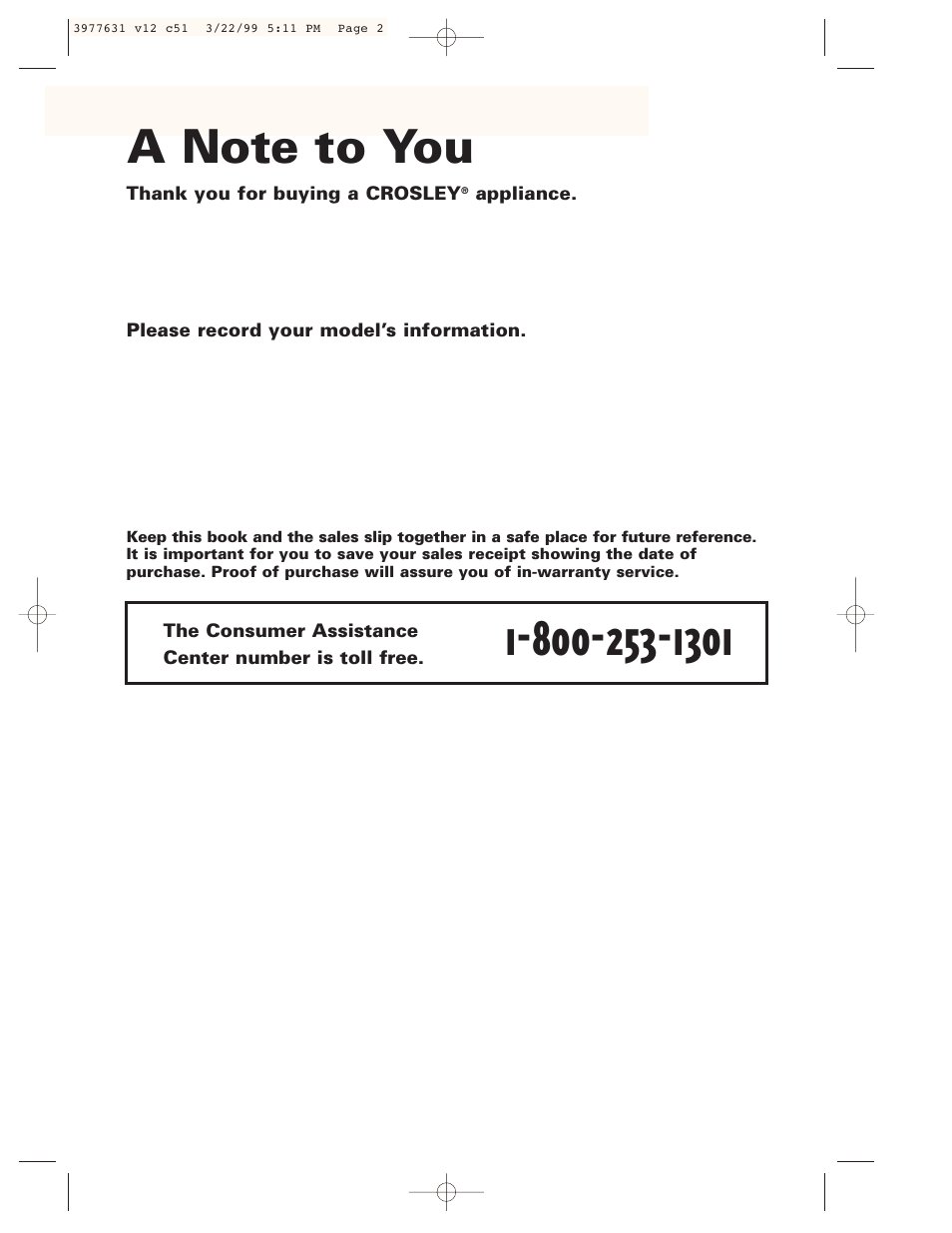 A note to you | Whirlpool 3977631 User Manual | Page 2 / 24