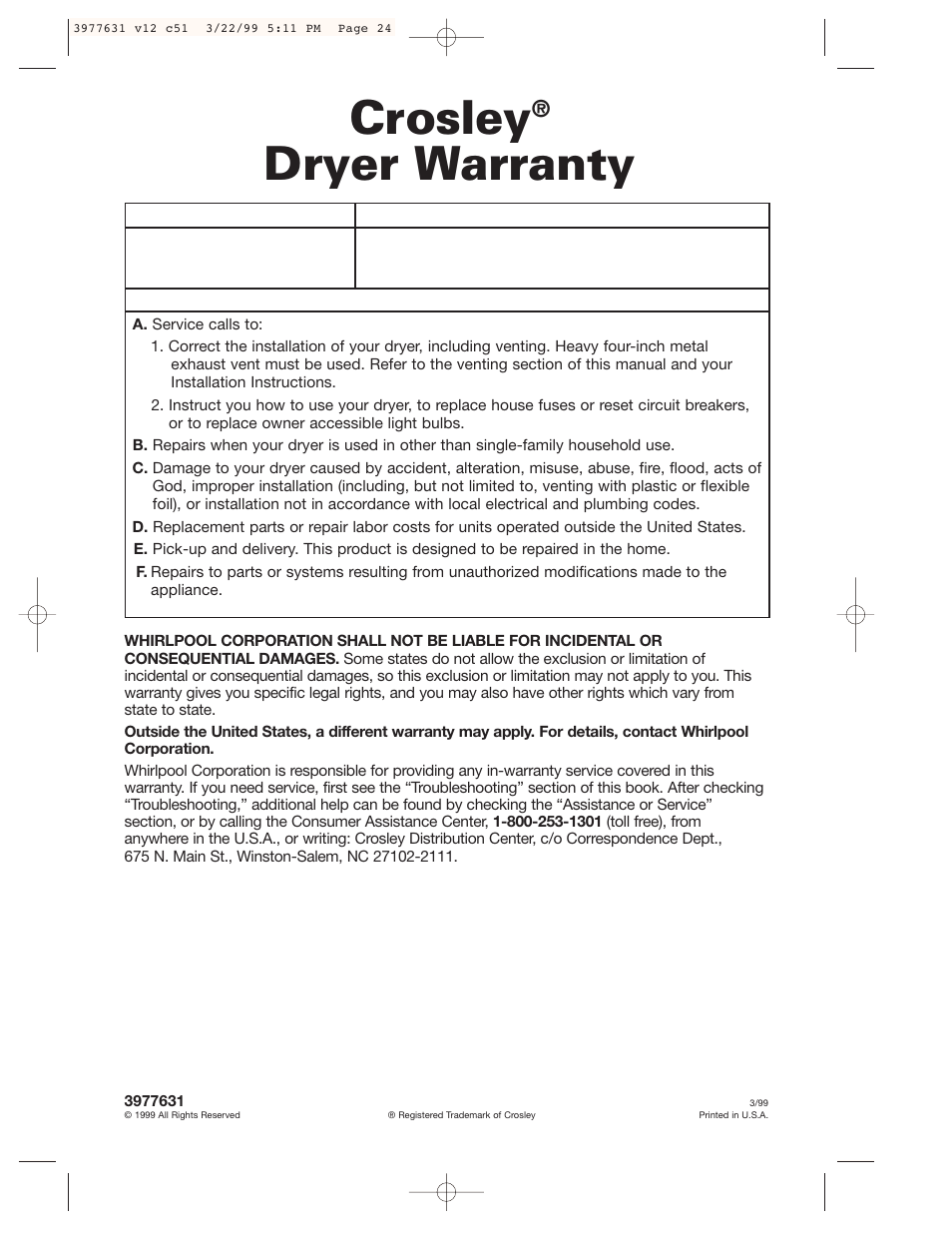 Warranty, Crosley, Dryer warranty | Whirlpool 3977631 User Manual | Page 24 / 24