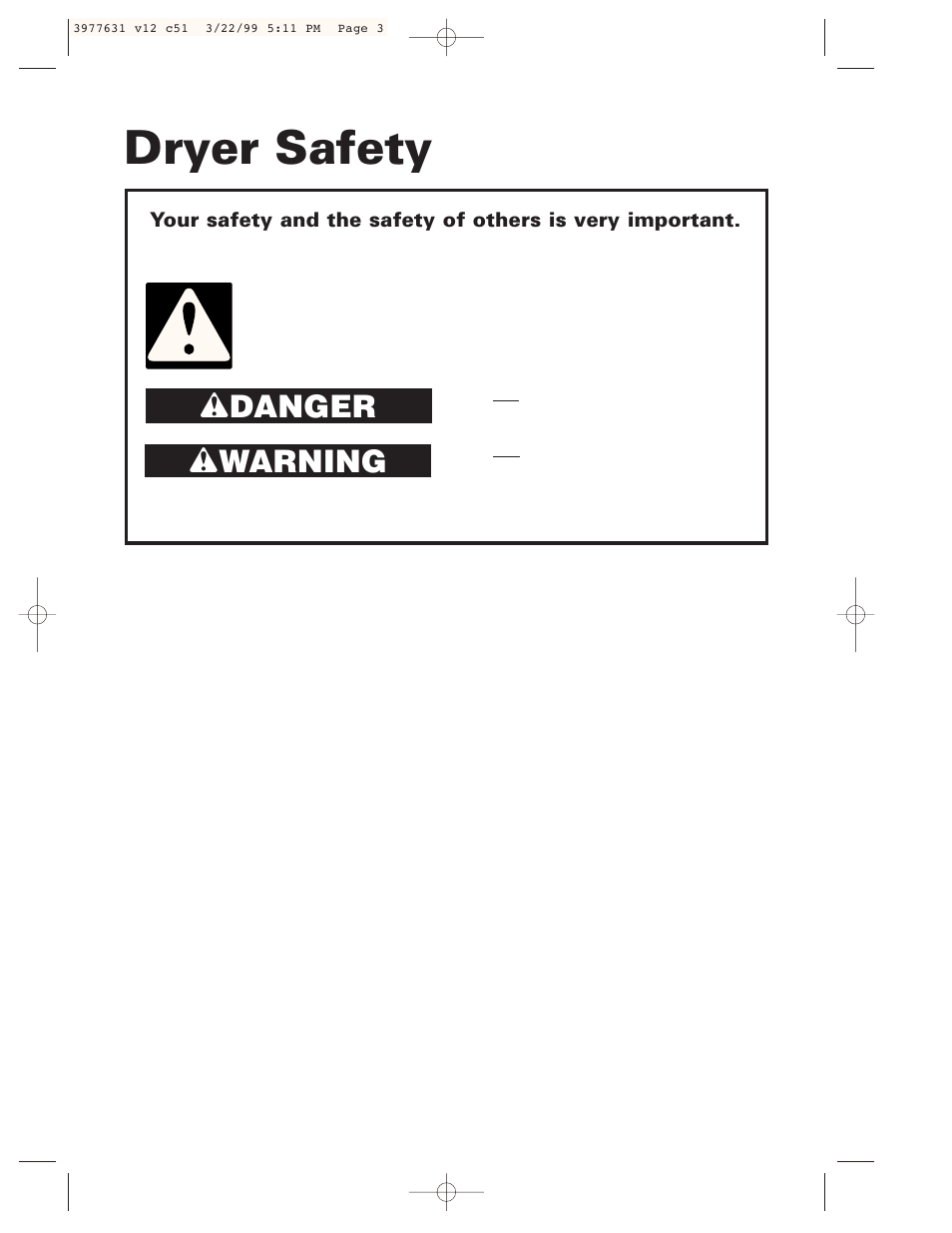 Dryer safety, Wdanger w warning | Whirlpool 3977631 User Manual | Page 3 / 24