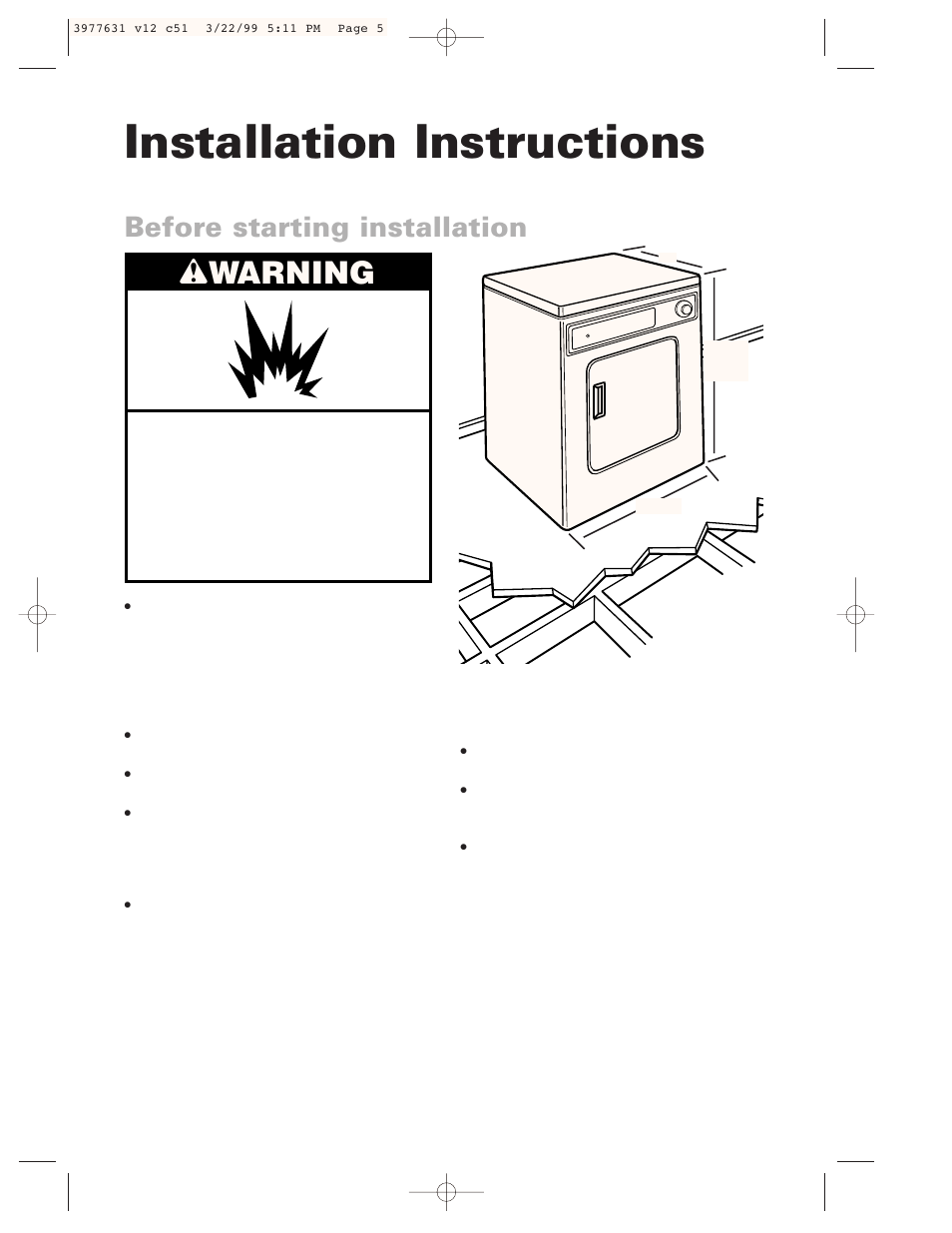 Installation instructions, Before starting installation, Wwarning | Whirlpool 3977631 User Manual | Page 5 / 24