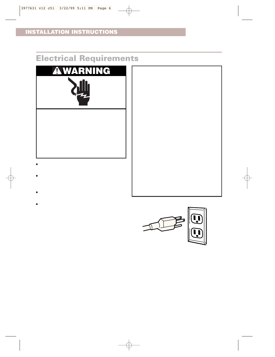 Electrical requirements, Warning | Whirlpool 3977631 User Manual | Page 6 / 24