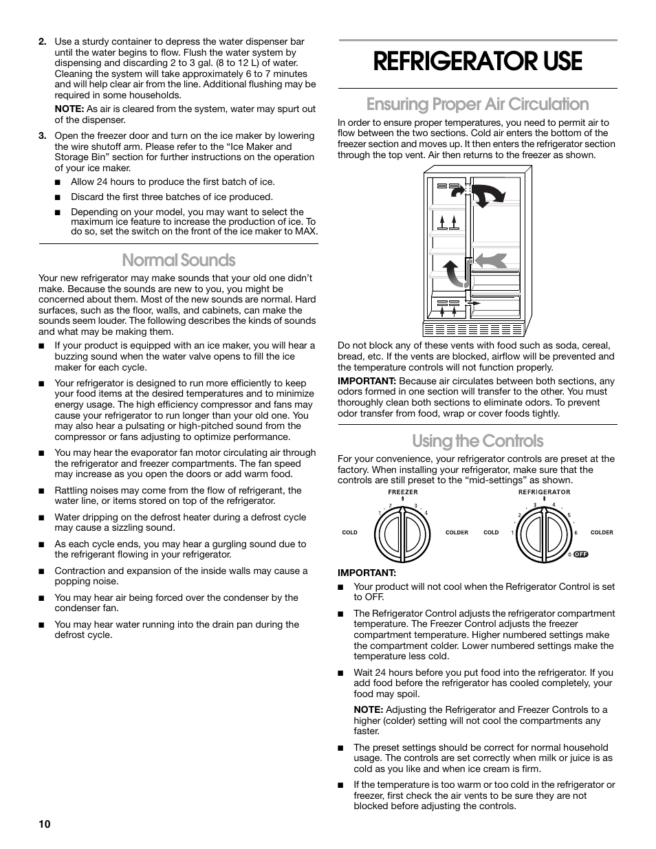 Refrigerator use, Normal sounds, Ensuring proper air circulation | Using the controls | Whirlpool CS20TKXNQ00 User Manual | Page 10 / 24